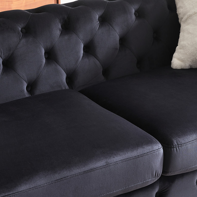 Velours noir: 3 places + 2 avec structure solide, pieds en métal et 4 coussins confortables. Pour un salon ou un bureau sophistiqué. Sièges en mousse Spring Spring