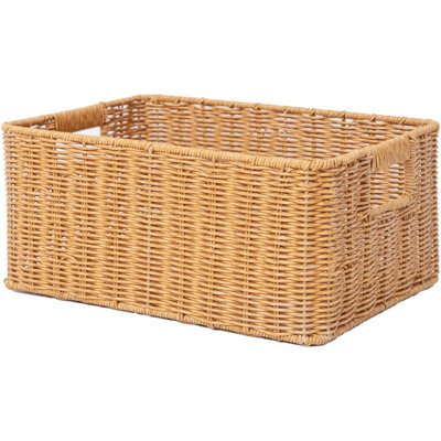 Natural Rattan Storage Basket with Handles, Wicker Organizer for Shelves, Pantry & Home
