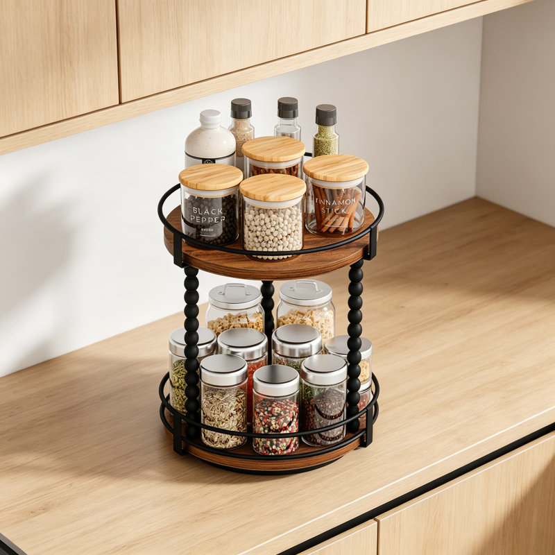 Organisateur de plateau tournant Lazy Susan, étagère à épices rotative à 2 étages de 11,2 pouces, étagère de rangement en bois pour comptoir de cuisine, garde-manger, salle de bain et plateau de table