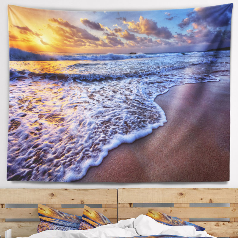 Tapisserie d’ondes de mer en polyester avec des accessoires suspendus de couleur coucher de soleil et de mer avec accessoires suspendus inclus
