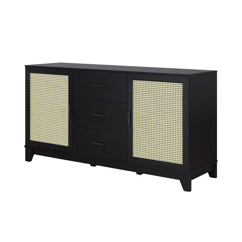 Sheridan 59" Mid-Century Modern Sideboard with 4 Adjustable Shelves and 3 Drawers in Black, Black