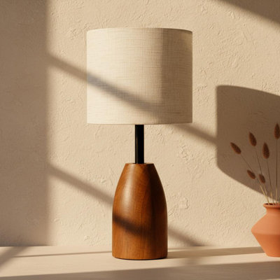 Solid Wood Table Lamp with Linen Shade – Mid-Century 3 Color for Living Room & Bedroom