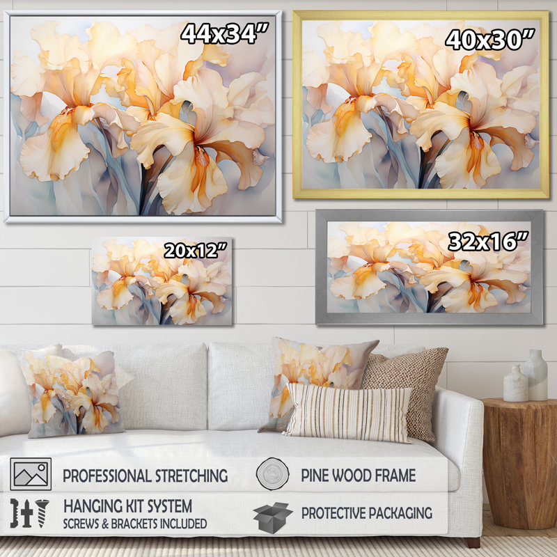 «Beige Minimalisme Irises Serenity Blooms» sur toile, Cadre simple noir, H 16 po x l 32 po x P 1 po