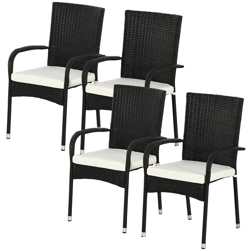 Chaises de salle à manger empilables en rotin avec coussins, ensemble de 4 chaises de patio en osier avec accoudoirs et dossier pour terrasse, terrasse