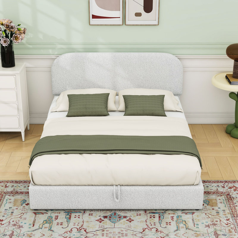 Lit plateforme tapissier avec rangement et tête de lit Teddy, Grand lit , Blanc