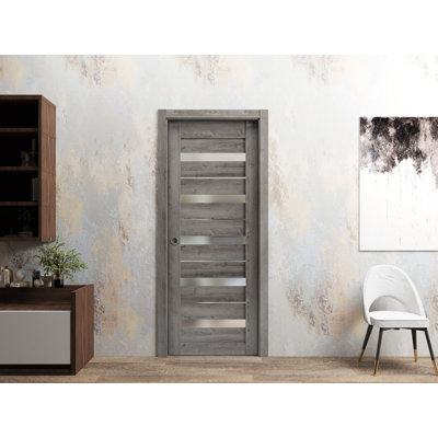 Porte coulissante à galandage avec vitrage dépoli Quadro 4445 Gris Nebraska, trousse de garnitures, quincaillerie, bois massif, intérieur de chambre, portes robustes - 81 cm x 203 cm