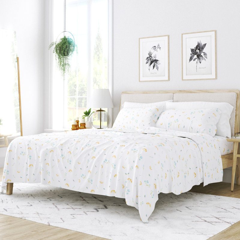 King Blue Floral Microfiber Sheet Set with Pillowcases
