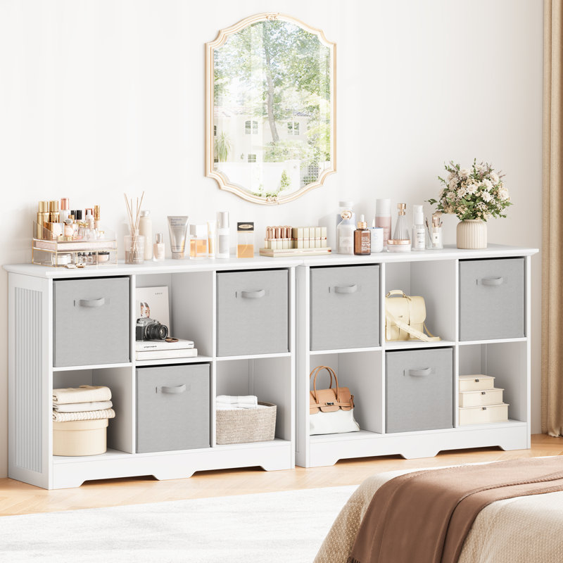 Bibliothèque décorative à 6 cubes l 37 "avec 3 bacs pliables en tissu, Blanc