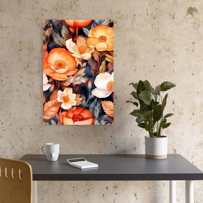 «Dark Autumn Blooms», art abstrait coquelicot, 18" H x 12" W
