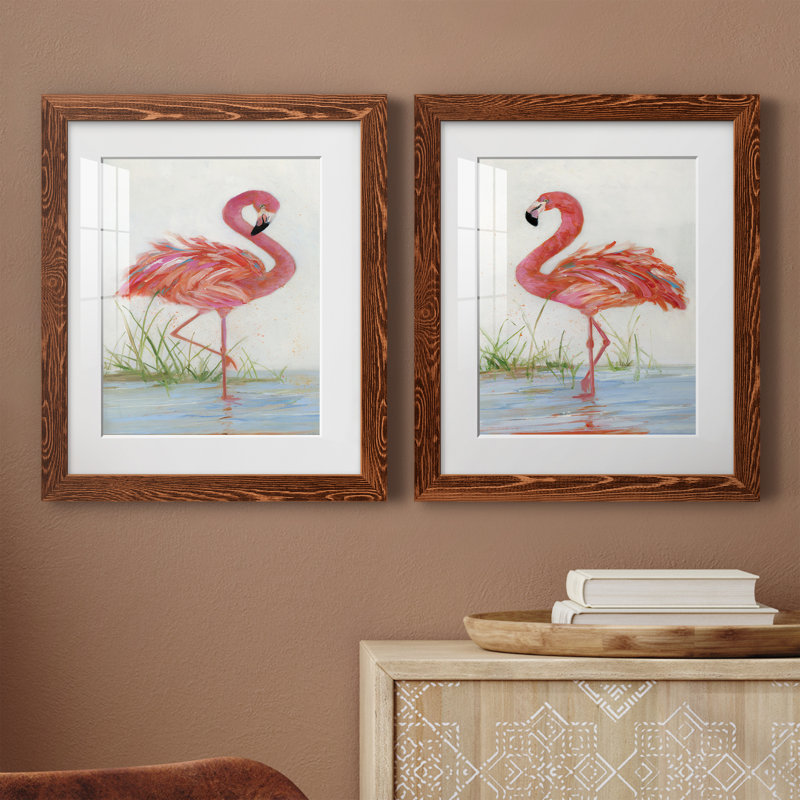 Flamingo I - ensemble de 2 peintures, H 20 po x l 34 po, Papier dans un cadre photo, Érable