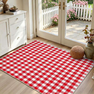 Red Machine Washable,Checkered Tablecloths Tablecloth Indoor Area Rug