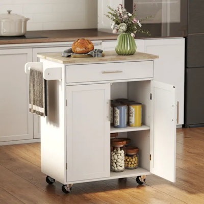 Îlot de cuisine avec chariot, tiroir, armoire de rangement et porte-serviettes, blanc