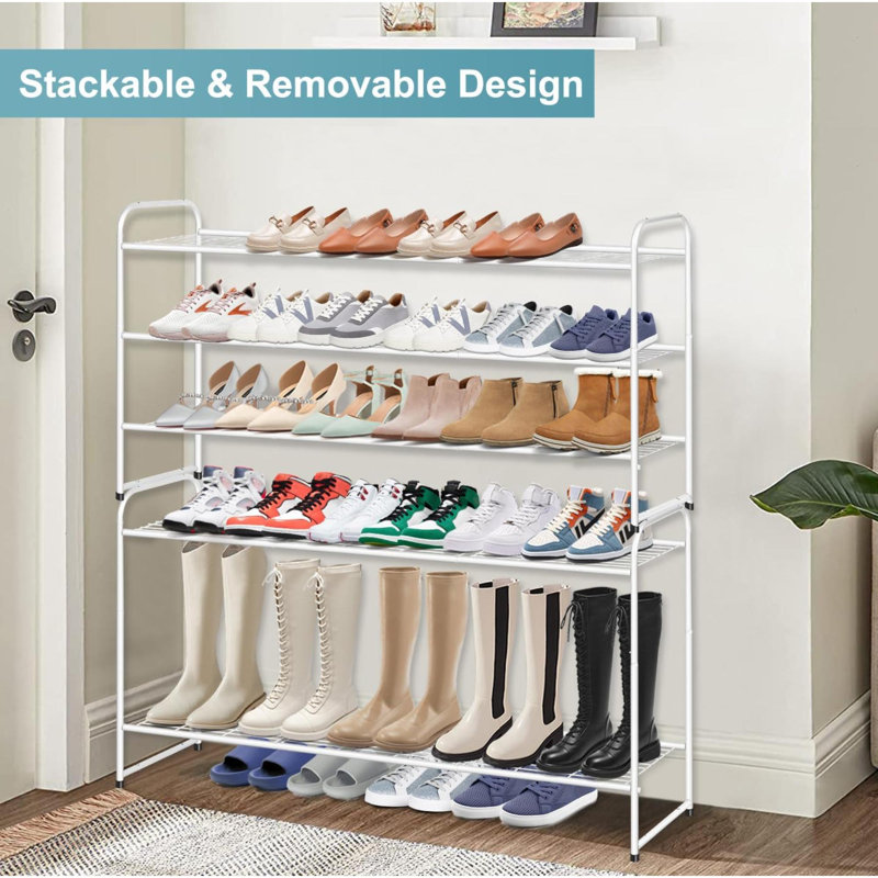 Long 3 Tier Metal Shoe Rack For Closet Wide Stackable Shoe Storage Organizer For Entryway, Bedroom, Floor, 24-Pairs Men Sneakers Shoe Shelf With Wire Grid