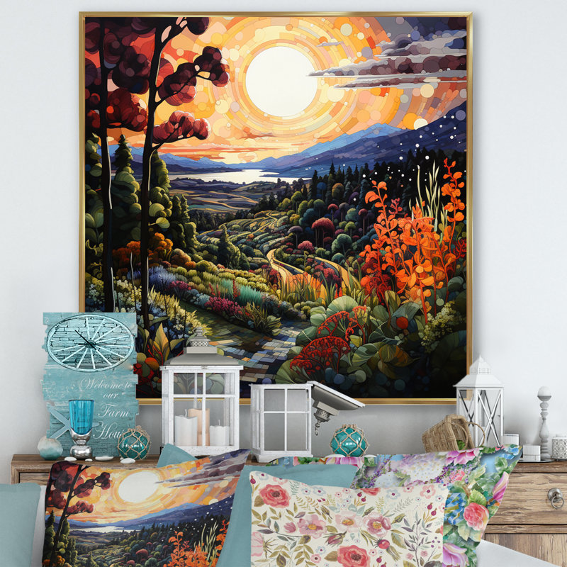 «Green Orange Vineyard Bliss Pointillism», reproduction d'art sur toile, Cadre flottant doré, H 16 po x l 16 po x P 1 po