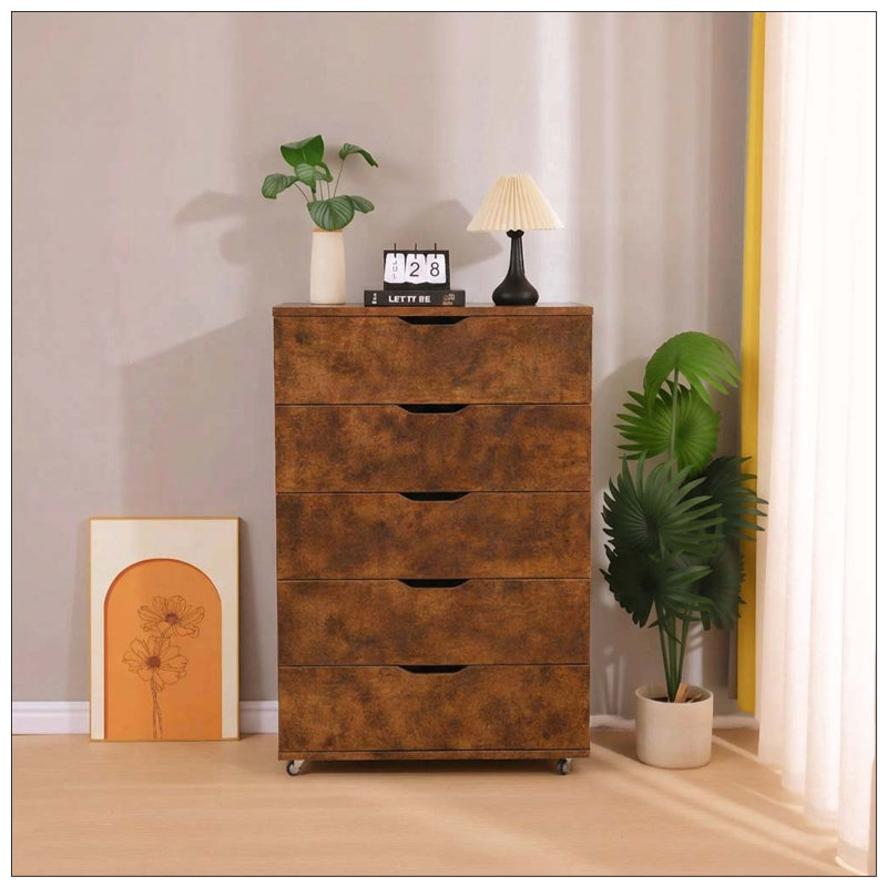 Commode mobile à 5 tiroirs avec roulettes, Brun rustique