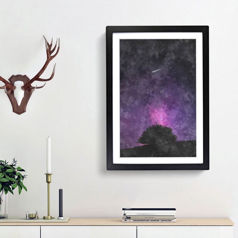 Shooting Star Above The Tree Painting - Framed Print, 63cm H x 45cm W x 2cm D, Black Framed