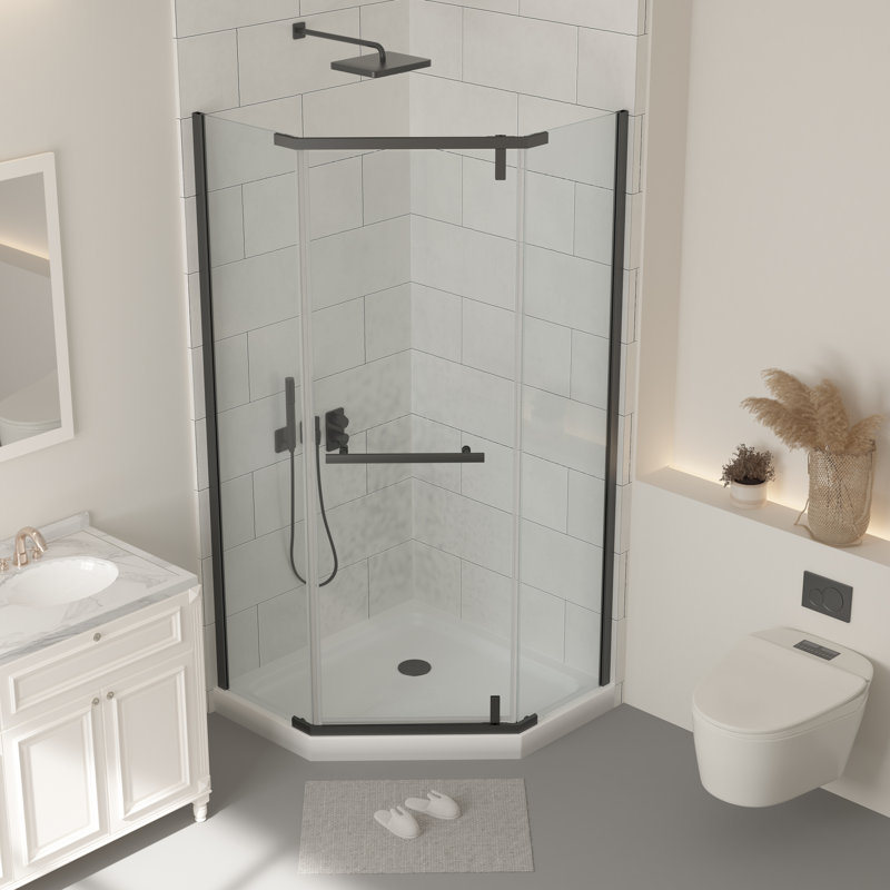 36" W x 72" H Semi-Frameless Neo-Angle Reversible Shower Enclosure, Matte Black