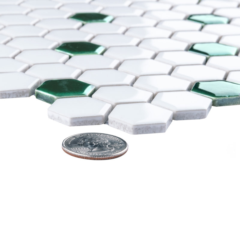 Metro Ion 1" Hex Emerald Dot Glossy White 10-1/4" x 11-7/8" Porcelain Mosaic Floor & Wall Tile