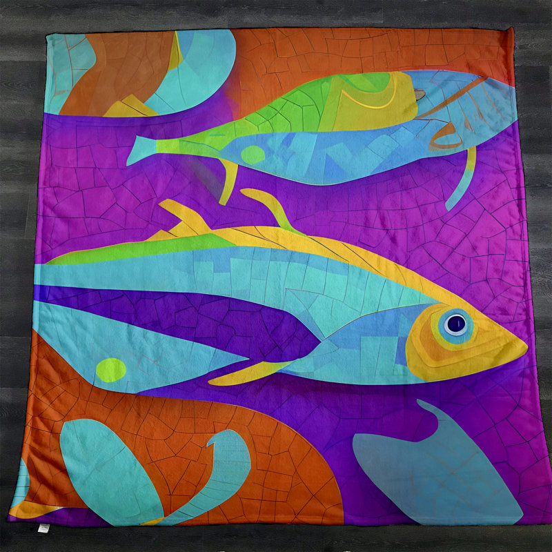 Throw Blanket, 68" W x 80" L, Blue/Purple/Orange, Animal Print/Abstract