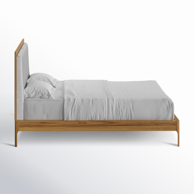 Natural Wood Queen Upholstered Platform Bed with Storage Drawer