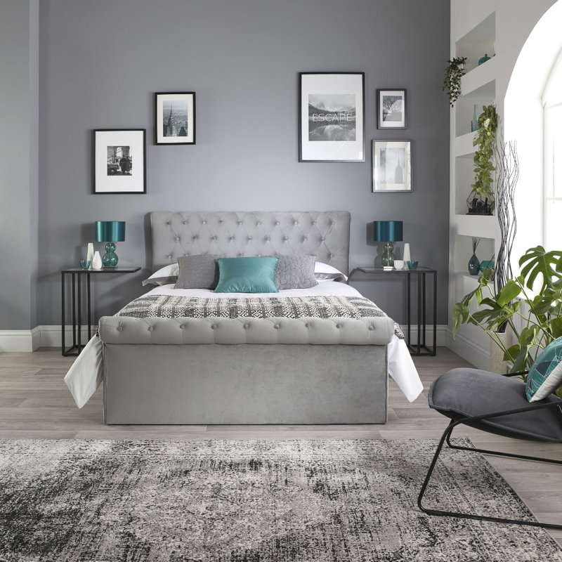 Chesterfield Ottoman Storage Bed in Grey Velvet with Pocket+ Mattress, Small Double (145 x 210 cm)
