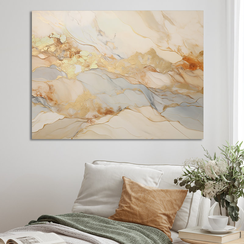 «I Beige And Gold Glacier Stone Art I», reproduction d'art sur toile abstraite, Toile tendue, H 30 po x l 40 po x P 1,5 po