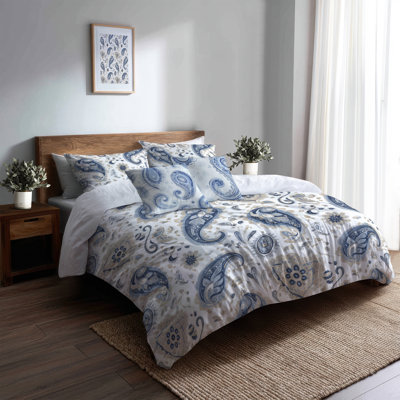 French Country Bedding Set Of 5 Pcs - Transitional Blue Vintage Paisley Dreams Duvet Cover And Throw Pillow Set
