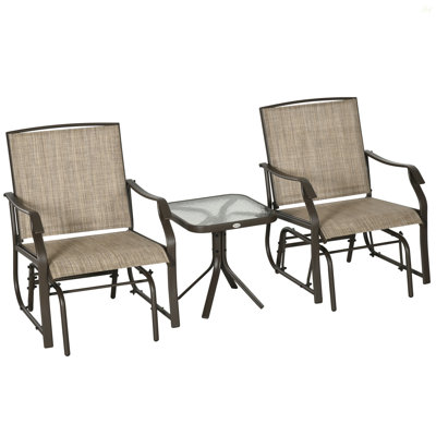 Outsunny 3 Piece Outdoor Glider Chair With Coffee Table Bistro Set, 2 Patio Rocking Swing Chairs With Breathable Sling Fabric, Glass Tabletop, For Backyard, Garden And Porch