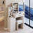29.2" Small Size Left Bedside Cabinet Vanity Table   Cushioned Stool, 2 AC 2 USB Power Station, Hair Dryer Bracket, Extra Large Touch Control Sliding LED Mirror, Tri-Color Switching, Brightness Adjust