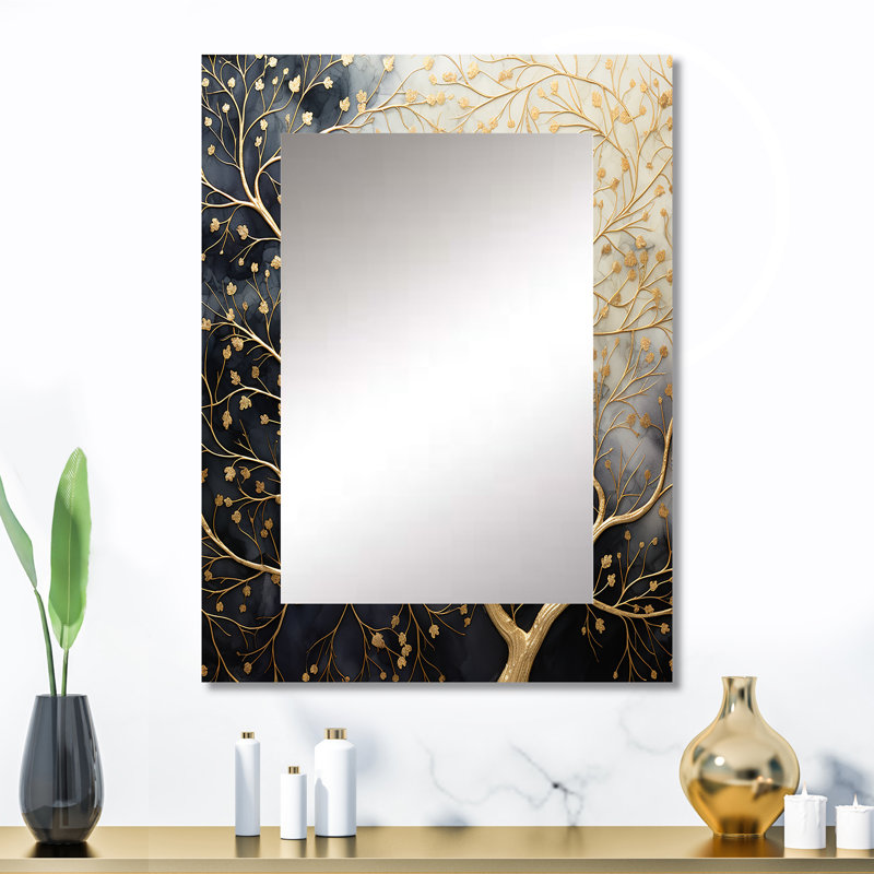 Golden Branch Tree Luminous Tangle II - miroir monochrome, miroir mural décoratif traditionnel, impression d'art en métal