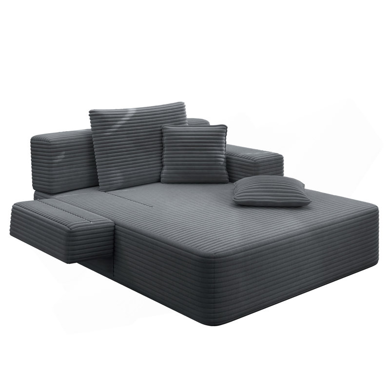 Luxueuse chaise longue en velours côtelé moelleux avec 3 coussins, canapé-lit convertible avec poche de rangement, conception sans cadre et mousse de compression pour les petits espaces, salon, appartement, gris foncé