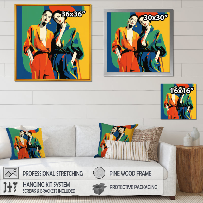 Orange et vert mexicain Romance of Women I - art mural mexicain, Cadre flottant doré, H 16 po x l 16 po x P 1 po