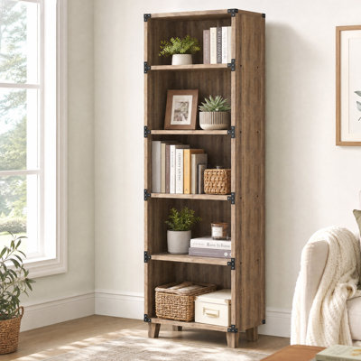 Bibliothèque rustique de style campagnard à 5 niveaux avec étagères ouvertes, étagère de rangement en bois et accents métalliques pour salon, bureau et chambre.
