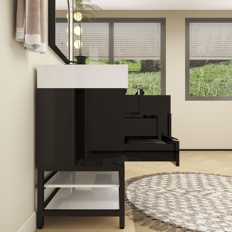 Finition du meuble-lavabo sur pied simple 42 po Jessica / Base: Chêne teck, Noir brillant