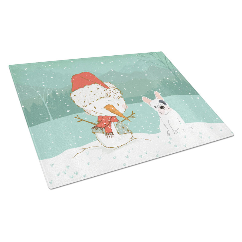 Planche à découper noël bonhomme de neige en verre trempé caroline, Bouledogue français Piebald
