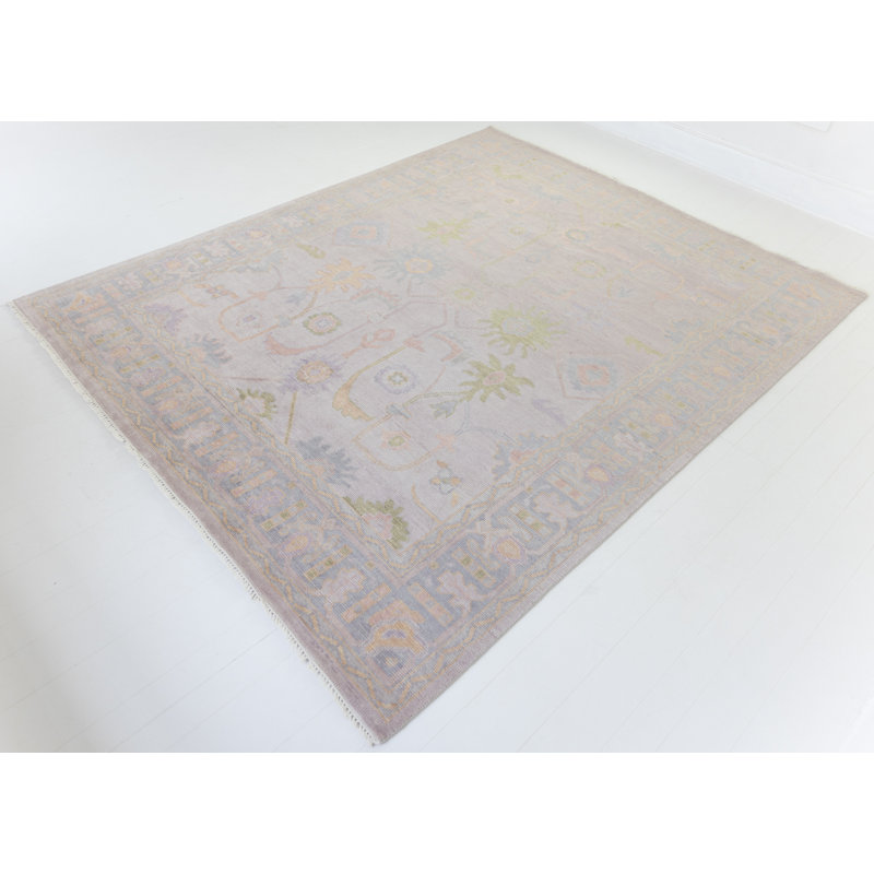 Rose Hand Knotted Wool Block Print Area Rug, Rectangle 9' x 12'
