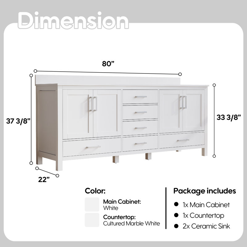 Meuble-lavabo à cadre en bois massif 80 po avec comptoir en marbre et lavabo double, simple trou, Blanc