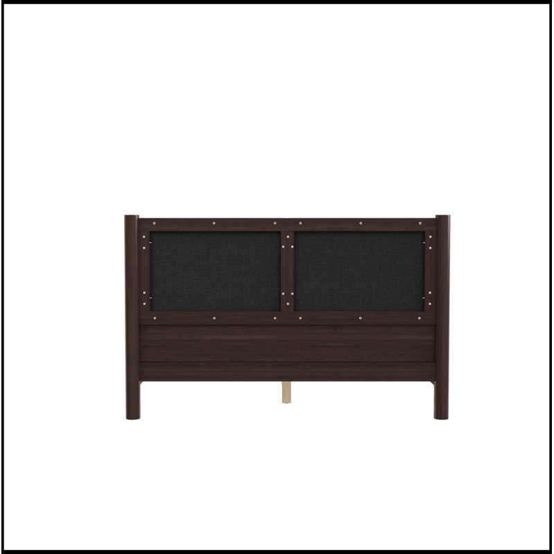 Grand lit plateforme en bois avec tête de lit en similicuir, Espresso