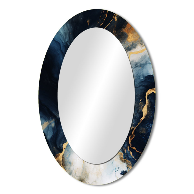 Gold And Blue Abstract Marble Paint II - Gold Modern Oval Wall Mirror, 36" x 24"