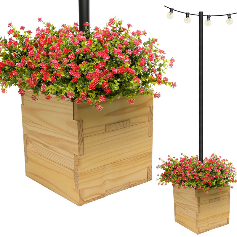 Union Rustic Ilerioluwa Wooden Planter Box with String Light Pole Insert, Classic Stacked Panel Design, Weather-Resistant Finish, Wood Planter Boxes Outdoor, Wooden Planters with Integrated Drainage