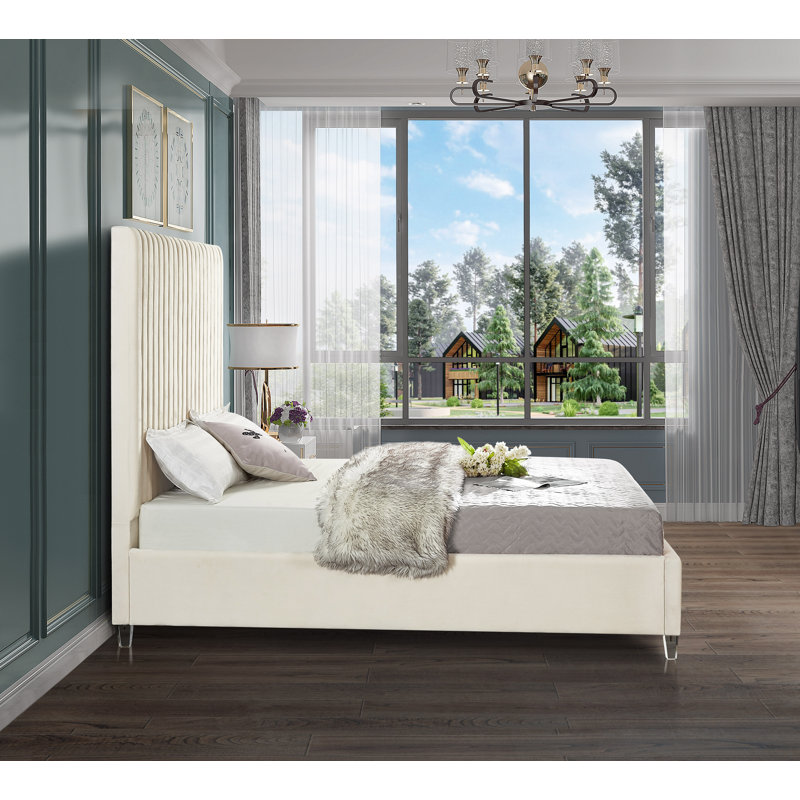 Upholstered Platform Bed, King, Cream Velvet
