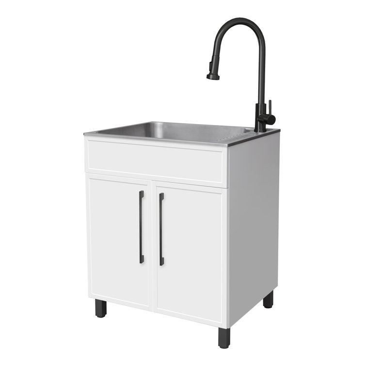 All-In-One W28 In. X D22 In. Stainless Steel Utility Sink With Pull-Down Faucet And Storage Cabinet In Matte White