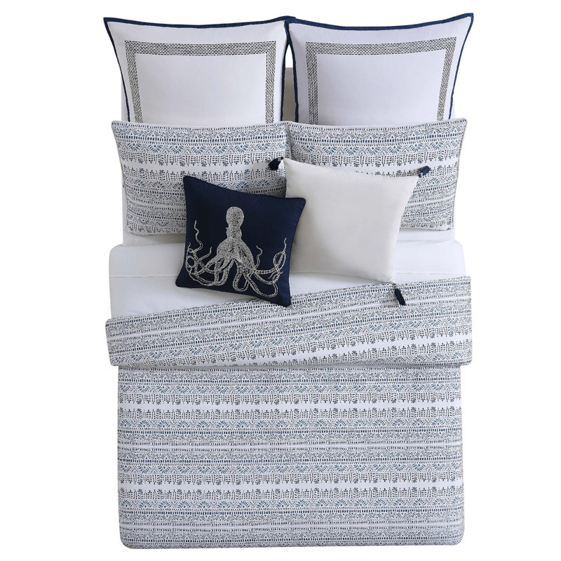 Twin White and Blue Cotton Coastal Comforter Set