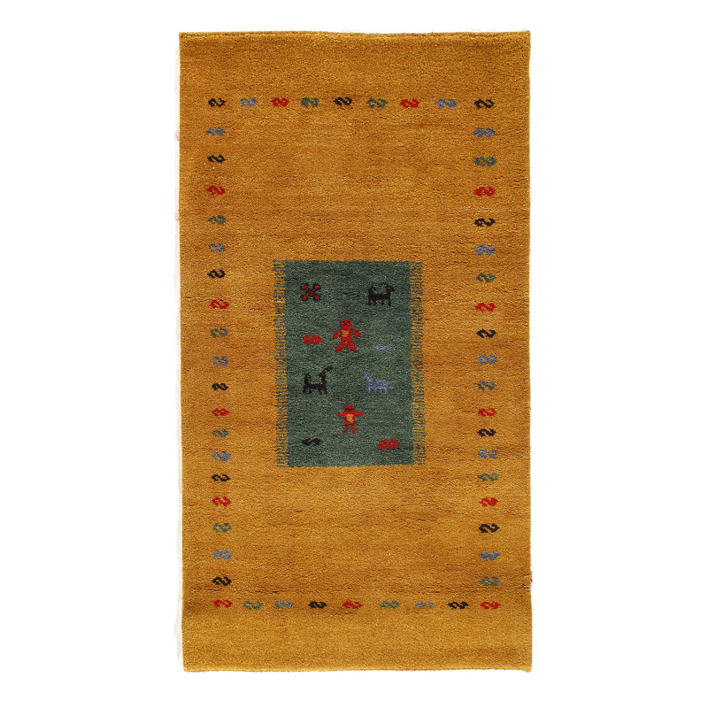 Tapis unique noué à la main or / vert 3 pi x 5 pi Gabbeh