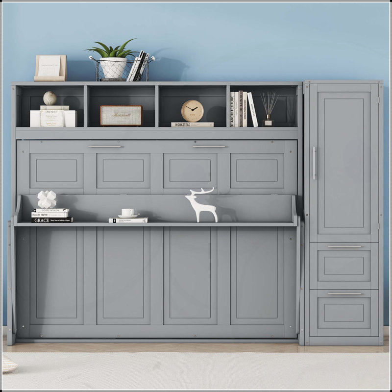 Lit escamotable mural avec placard et tiroirs Murphy, gris, Double