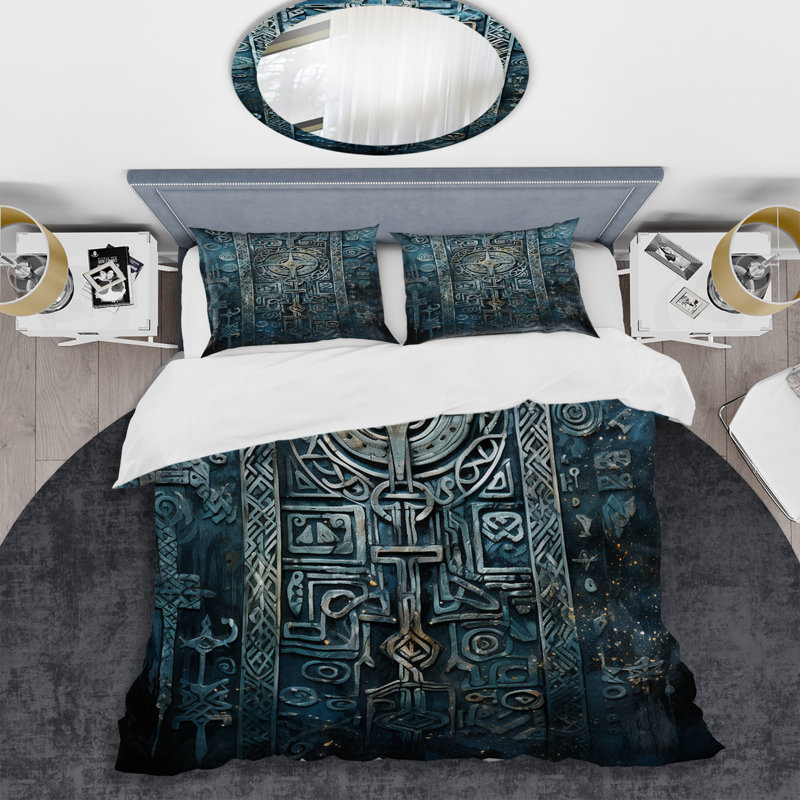 Ensemble de housse de couette bleu et doré Maya Tile Impressions I - Abstract Tile, Housse de couette pour très grand lit