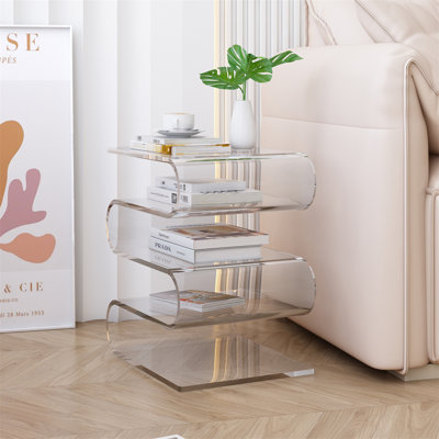 16.45" Modern Italian-Style S-Shaped Acrylic Side Table, Transparent Multi-Layer Storage Shelf for Books & Documents, 12mm Thick Acrylic Accent Table for Living Room & Bedroom