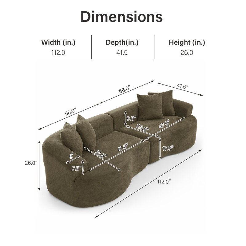 Chenille Modern 3-seater Curved Boneless Sectional Sofa, 2-piece Symmetrical Design With Sponge & Pocket Spring Support, No Assembly Required
