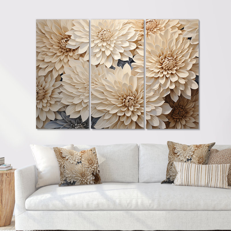 Minimalisme Blooming Mums en beige et or I - Mums Wall Art, ensemble de salon, Toile tendue, H 32 po x l 48 po x P 1 po