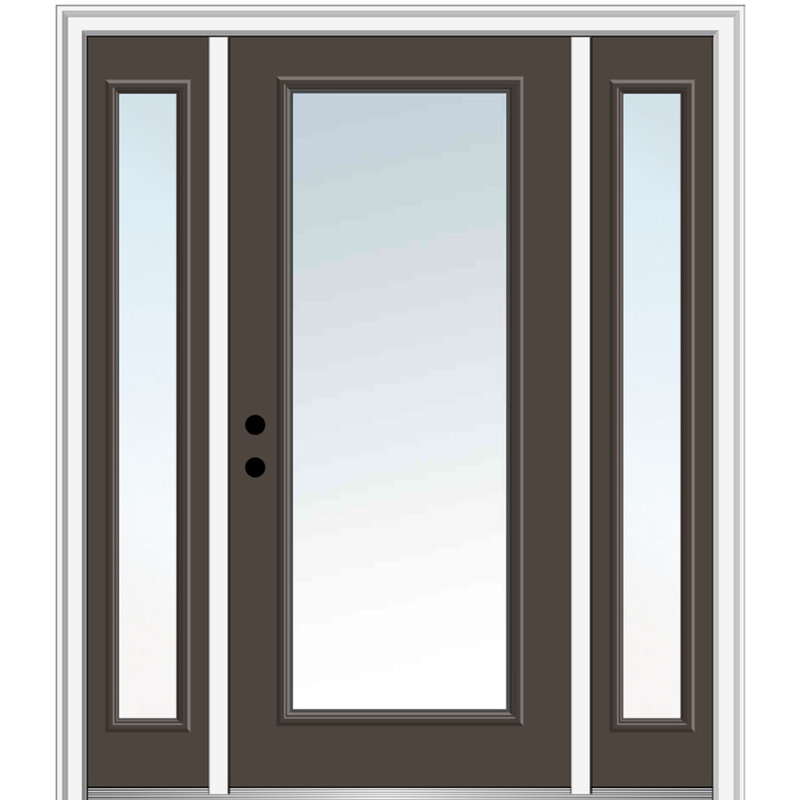 Porte d'entrée pré-suspendue en fibre de verre préfinie lisse, H 80 po x l 64 po x P 1,75 po, Brun, Ouverture à droite